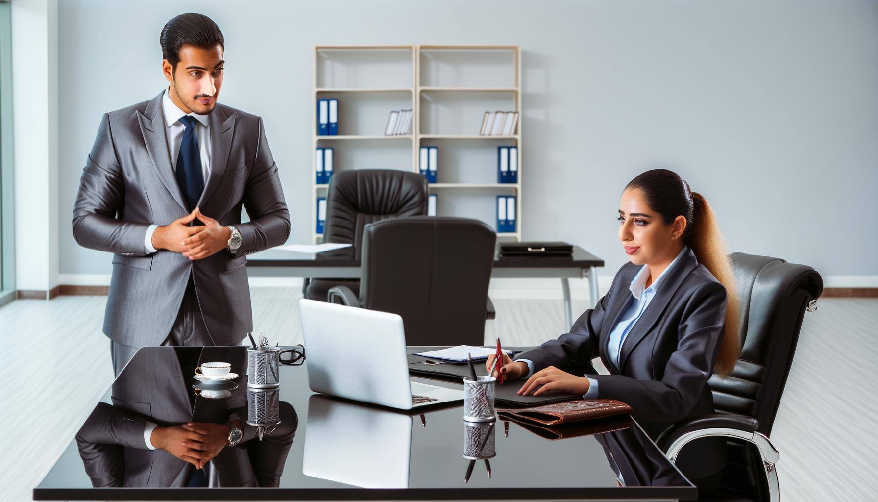 Business Office with manager and business woman on a table